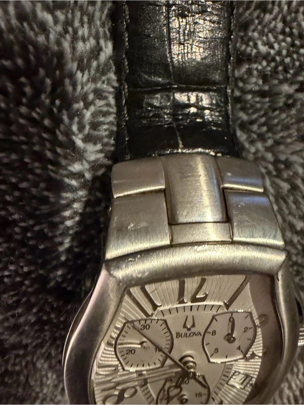 Bulova Silver-Toned Dial Watch with Black Strap